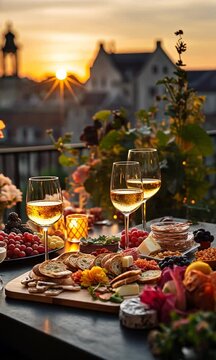 Primer plano de una cena rom&aacute;ntica con cristaler&iacute;a y comida.
Aperitivos y restaurantes elegantes y lujosos.