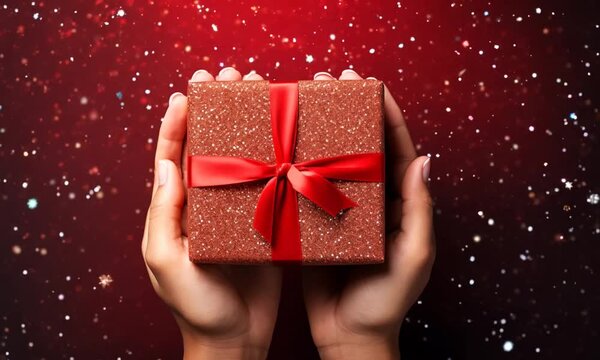 Vista superior de una caja de regalo navide&ntilde;a con lazo.
Manos de mujer entregando un regalo de San Valent&iacute;n envuelto o de otro tipo hecho a mano