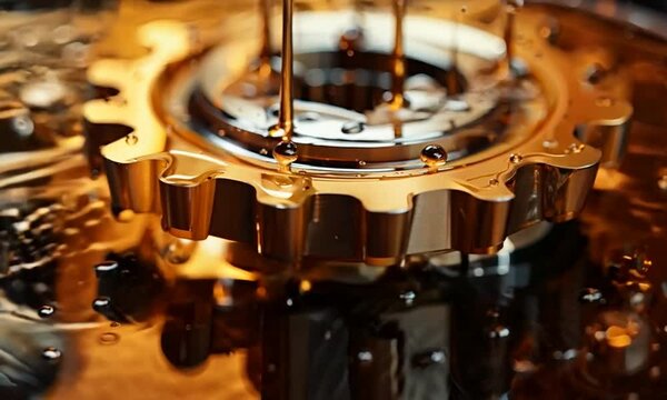 Salpicaduras de aceite.
Motor de autom&oacute;vil con aceite lubricante. Concepto de lubricaci&oacute;n de aceite de motor y engranajes.