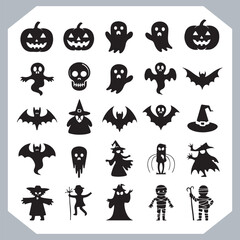 Set of logotype different type of black simple Halloween vector illustration silhouettes in white background, collection of Halloween silhouettes