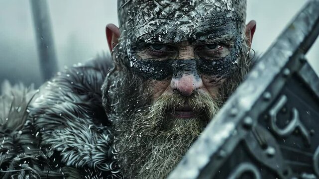 A weathered warrior stands in the snow, his face partially obscured by a shield, his gaze intense