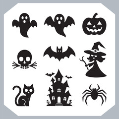 Fototapeta premium Set of logotype different type of black simple Halloween vector illustration silhouettes in white background, collection of Halloween silhouettes