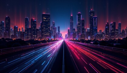 Fototapeta premium Futuristic metropolis at dusk with neon highway lines and vibrant abstract forms 