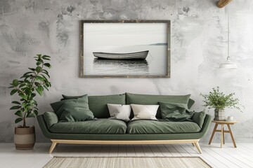 Cozy living room with green couch, featuring a picture on the wall