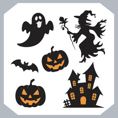 Set of logotype different type of black simple Halloween vector illustration silhouettes in white background, collection of Halloween silhouettes