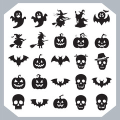 Set of logotype different type of black simple Halloween vector illustration silhouettes in white background, collection of Halloween silhouettes