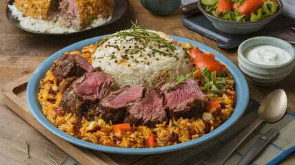 A large serving of mansaf, with tender lamb, spiced rice, and a bowl of yogurt sauce on the side.
