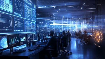 A team of IT professionals work diligently in a modern office, surrounded by glowing computer screens displaying complex data.