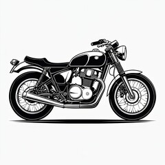 A stylized illustration of a classic motorcycle in black and white.