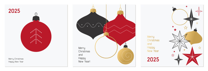 Merry Christmas and Happy New Year cards set. Vector illustration concepts for corporate greeting card, party invitation, website banner, social media banner. Red, gold, black colors. Minimalism style