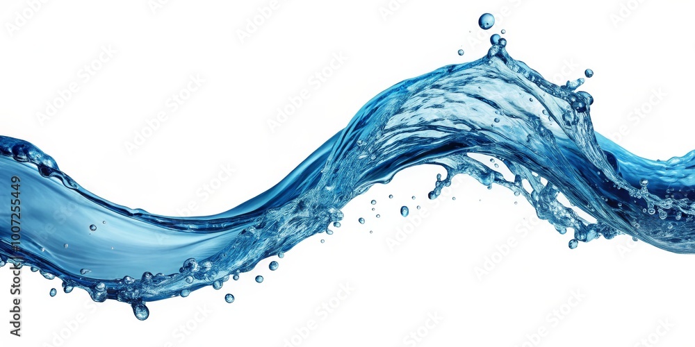 Wall mural blue water wave splashing with bubbles, white background, photography, water, wave, splash ,water