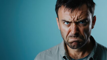 Close-up portrait of an angry man with a furrowed brow and intense expression, glaring directly at the camera against a plain background.