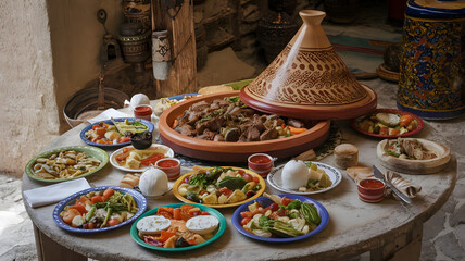 Fototapeta premium A rustic table set with a large tagine, filled with spiced lamb and vegetables, surrounded by colorful plates of mezze. 