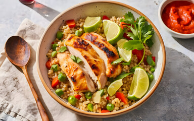 A vibrant bowl of chicken and vegetable couscous, garnished with fresh cilantro and served with a side of harissa.
