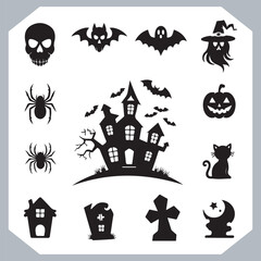 Obraz premium Set of logotype different type of black simple Halloween vector illustration silhouettes in white background, collection of Halloween silhouettes