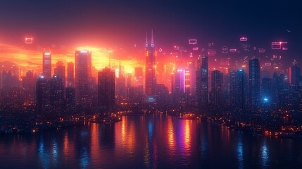 Fototapeta premium A bright and modern cityscape with floating icons representing competition in business.