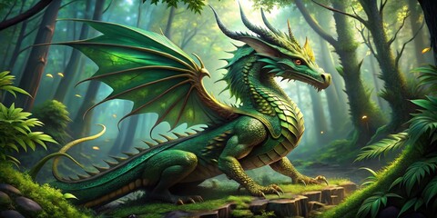 Obraz premium Emerald Dragon in the Forest, Digital Art, Green Dragon, Forest Background, Fantasy Art, Dragon, Fantasy