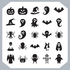 Set of logotype different type of black simple Halloween vector illustration silhouettes in white background, collection of Halloween silhouettes
