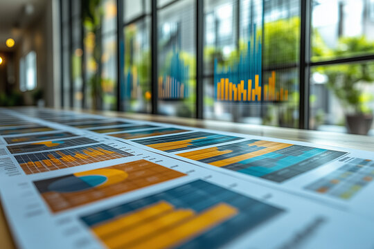 A set of minimalist financial charts on a clean white boardroom wall, illustrating key business metrics.