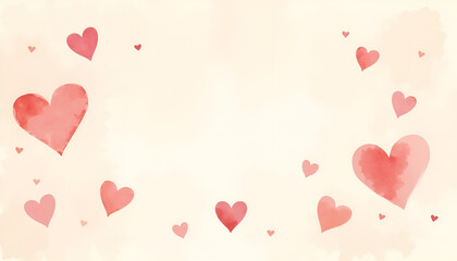 Watercolor hearts on soft background, romantic mood, decorative design, pastel colors, copy space