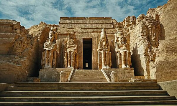 Ancient Egyptian Temple Entrance with Stone Statues