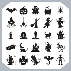 Set of logotype different type of black simple Halloween vector illustration silhouettes in white background, collection of Halloween silhouettes