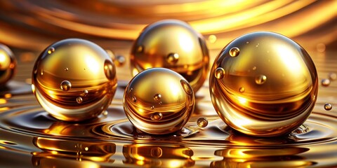 Golden Spheres in a Liquid Landscape, 3D Rendering, Abstract, Liquid Art, Golden, Sphere, Abstract Art