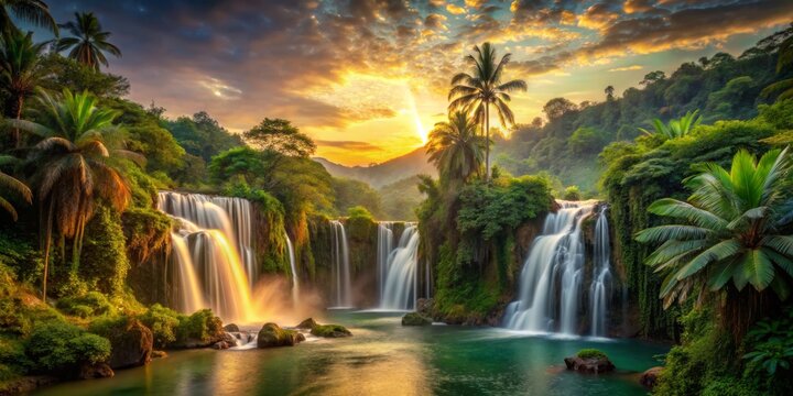 Golden Sunset Illuminates Lush Waterfall Paradise, Palm Trees, Lush Greenery, Waterfall