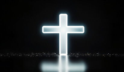 Fototapeta premium White holographic glowing Christian cross with copy space.