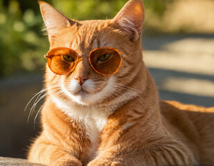 Portrait photo of an orange cat wearing sunglasses