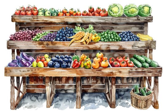 A colorful watercolor illustration of a fruit and vegetable stand with various produce