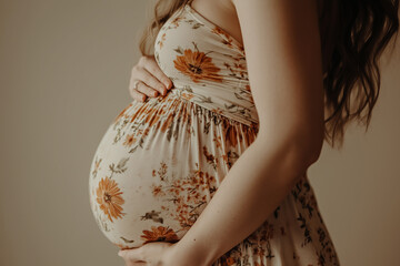 Woman hugging her pregnant tummy belly with hands against beige background with copy space.