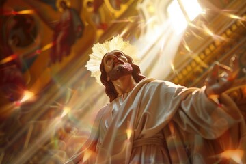 Fototapeta premium A bronze statue of Jesus Christ wearing a golden crown, perfect for Easter or Christian-themed contexts