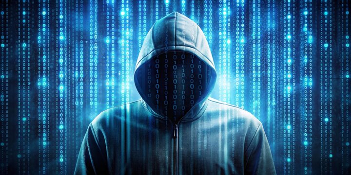 Hooded Figure in Binary Code, Digital Security, Data Encryption, Cybercrime