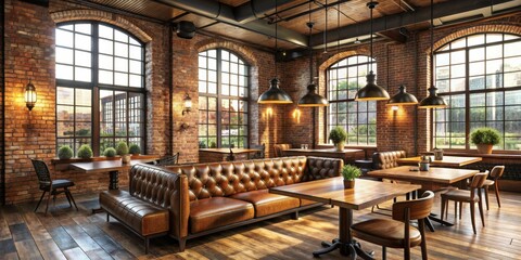 Naklejka premium Industrial Chic Cafe Interior with Leather Sofa and Wooden Tables, cafe , interior design , industrial style