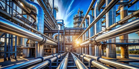 Fototapeta premium Industrial Pipeline Network A Perspective of Steel and Sunlight, Industrial, Refinery, Pipeline