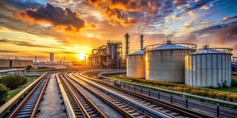 Obraz premium Industrial Sunset A Perspective of Rails Leading to Storage Tanks, Oil refinery, sunset, industrial , tank, transportation