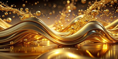 Liquid Gold Waves 3D Render of a Flowing Golden Liquid with Bubbles, luxury, abstract, gold
