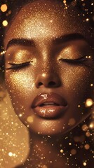 A beautiful Black woman with gold glitter on her face, surrounded by golden particles and dust in the air