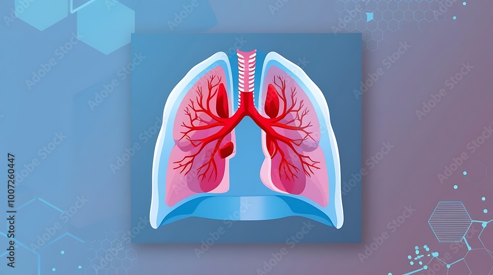 Poster digital illustration featuring a stylized representation of human lungs centered on a blue gradient 