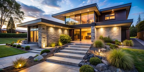 Fototapeta premium Modern Home Exterior with Stone Facade and Illuminated Path, Architecture , Landscape , Design