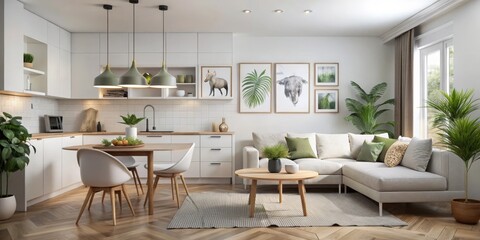 Fototapeta premium Modern Kitchen and Living Room with White Cabinets and Green Accents, 3D Rendering, Interior Design, Minimalist, Scandinavian, Home Decor
