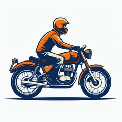 A stylized illustration of a motorcyclist riding a vintage motorcycle.