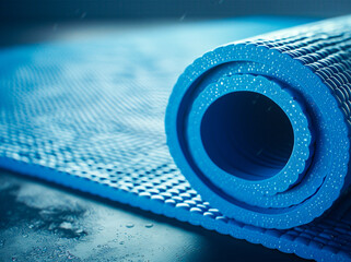 close-up of blue yoga mat. Sports, yoga, fitness exercise