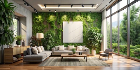 Obraz premium Modern Living Room with Greenery Wall and Large Window, Green Wall, Living Room Design, Modern Interior