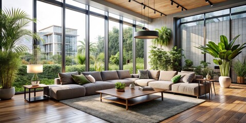 Fototapeta premium Modern Living Room with Sectional Sofa and Floor-to-Ceiling Windows, 3D Rendering, Interior Design, Contemporary, Living Room, Sectional Sofa, Floor-to-Ceiling Windows