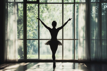 Silhouette of a ballerina in a tutu gracefully posing in front of a large window with sunlight streaming through sheer curtains