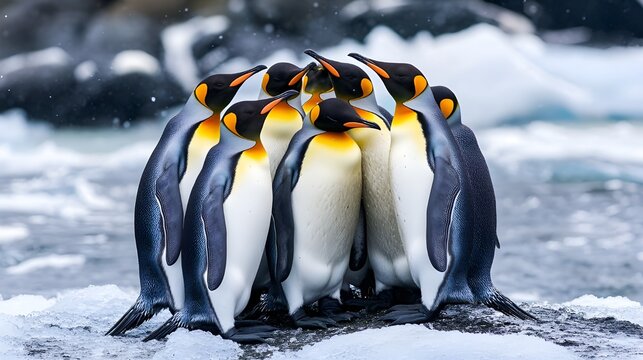 A close-up of a group of emperor penguins huddled together on the ice, showcasing their unique colors and strong community bond