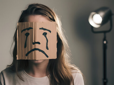 Mujer joven con una cara triste dibujada en un trozo de cart&oacute;n 
