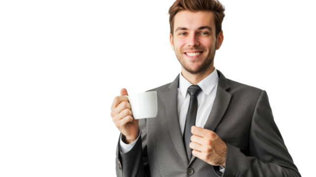 CEO holding a cup of coffee  on white background
